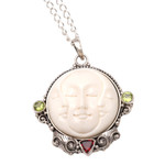 Peridot and garnet pendant necklace, 'Moon Ancestor' - Peridot and Garnet Moon Pendant Necklace from Bali