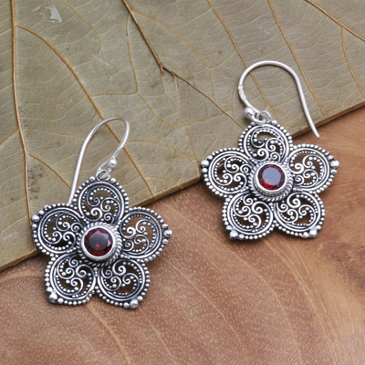 Garnet dangle earrings, 'January's Flower' - Sterling Silver and Garnet Flower Earrings