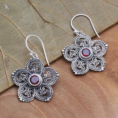 Sterling Silver and Garnet Flower Earrings - January's Flower | NOVICA