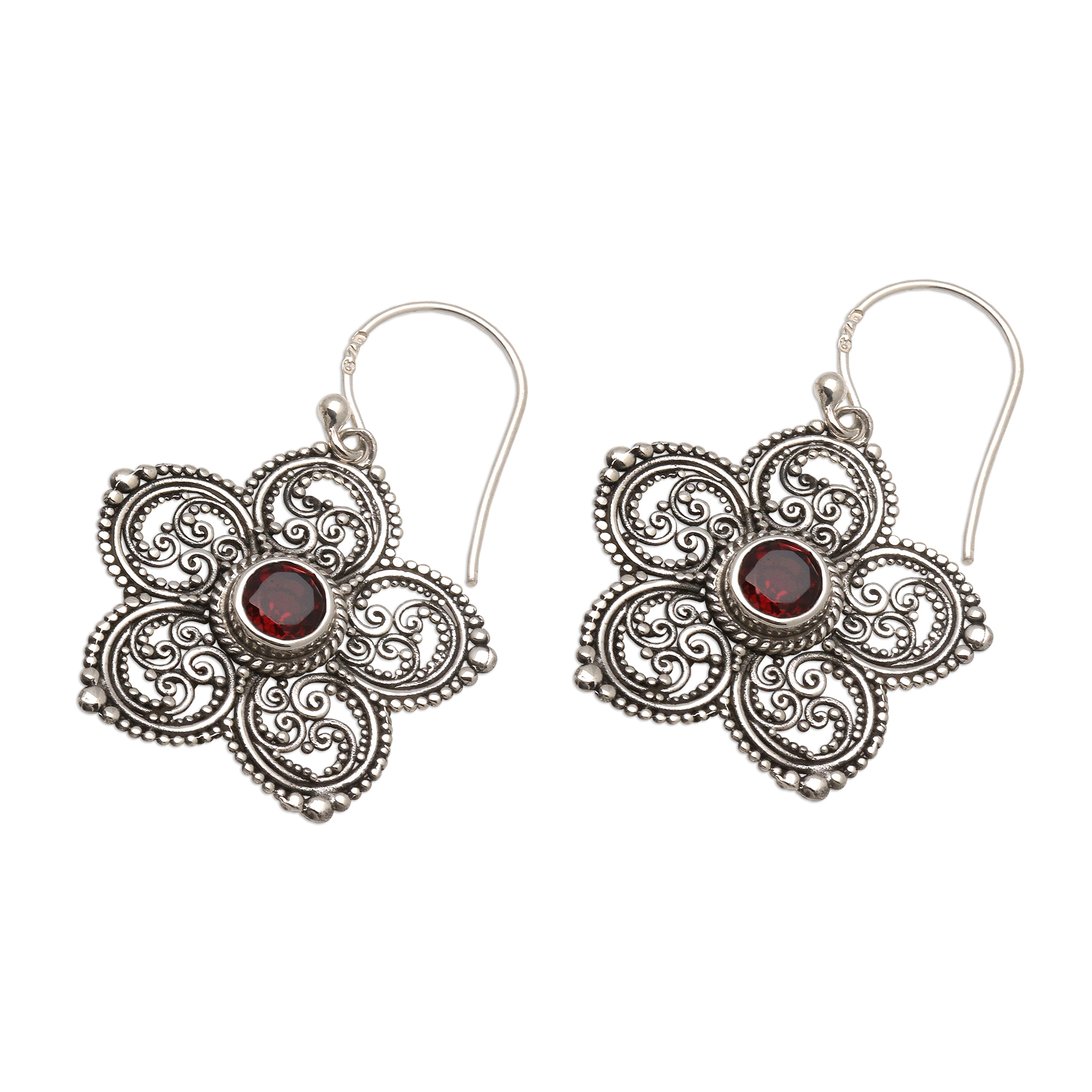 Sterling Silver and Garnet Flower Earrings - January's Flower | NOVICA