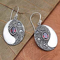 Garnet dangle earrings, 'Oval Reflection' - Ornate Sterling Dangle Earrings with Garnet