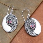 Garnet dangle earrings, 'Oval Reflection' - Ornate Sterling Dangle Earrings with Garnet