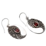 Garnet dangle earrings, 'Oval Reflection' - Ornate Sterling Dangle Earrings with Garnet