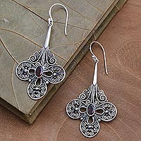 Garnet dangle earrings, 'Victorian Clover' - Garnet and Sterling Silver Dangle Earrings from Bali