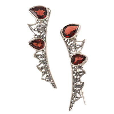 Ear Climber Earrings with Garnet and Sterling Silver