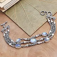 Pulsera con eslabones de piedra lunar arcoíris - Pulsera de eslabones artesanales con piedra lunar arcoíris