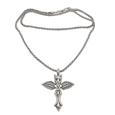 Sterling silver pendant necklace, 'Crowned Cross' - Silver Cross Pendant Necklace with Outspread WIngs