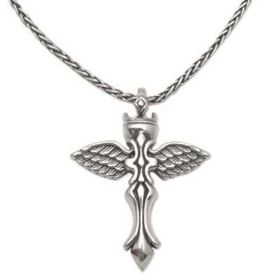Sterling silver pendant necklace, 'Crowned Cross' - Silver Cross Pendant Necklace with Outspread WIngs