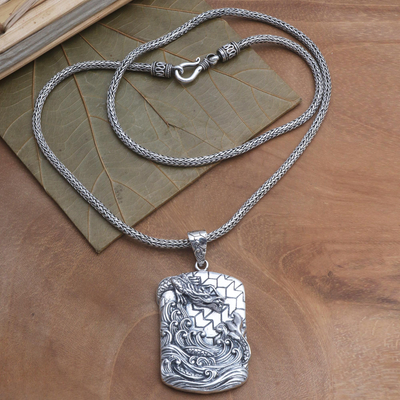Sterling silver pendant necklace, 'Dragon Waves' - Naga Themed Sterling Silver Pendant Necklace