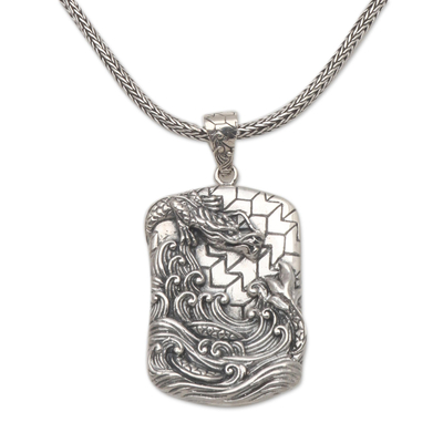 Sterling silver pendant necklace, 'Dragon Waves' - Naga Themed Sterling Silver Pendant Necklace
