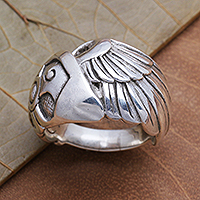 Men's sterling silver band ring, 'Warrior Wing'