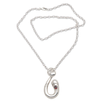 Garnet pendant necklace, 'Living Bamboo' - Bamboo Shoot Pendant Necklace Set with Garnet