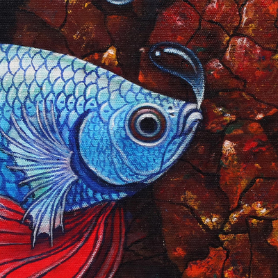 'Blue Betta' - Original signiertes balinesisches blaues Betta-Fischgemälde