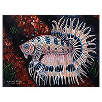 'Betta blanco y negro' - Pintura original de pez Betta firmada de Bali