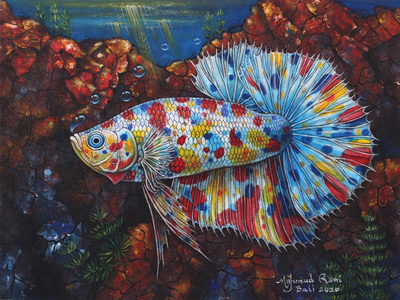 'Spiky Rainbow Betta' - Pintura original firmada del pez Betta del arco iris de Bali
