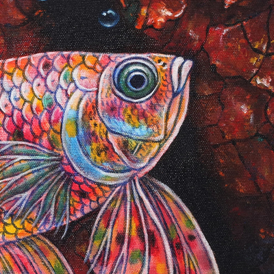 'Rainbow Betta' - Pintura balinesa firmada de un pez luchador siamés