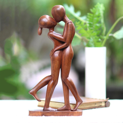 Wood sculpture, 'Lover's Kiss' - Hand-Carved Romantic Suar Wood Sculpture from Bali