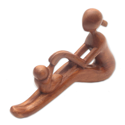 Wood sculpture, 'Mom and Infant' - Natural Suar Wood Mother and Child Sculpture from Bali