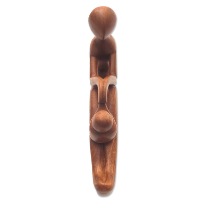 Wood sculpture, 'Mom and Infant' - Natural Suar Wood Mother and Child Sculpture from Bali