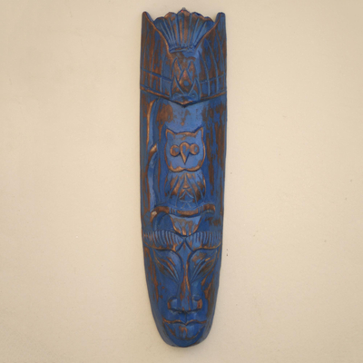 Wood mask, 'Ancient Face in Blue' - Original Carved Wood Mask from Bali Artisan