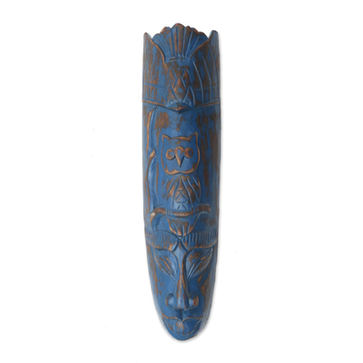 Wood mask, 'Ancient Face in Blue' - Original Carved Wood Mask from Bali Artisan