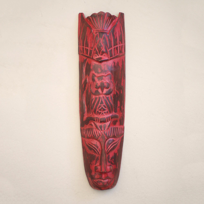 Wood mask, 'Ancient Face in Red' - Red Carved Wood Mask with Antiqued Finish