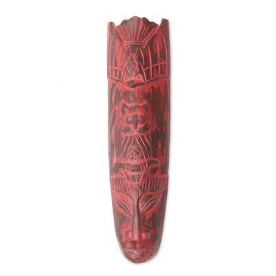 Wood mask, 'Ancient Face in Red' - Red Carved Wood Mask with Antiqued Finish
