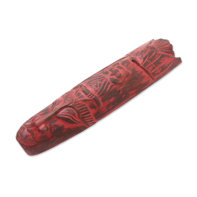 Holzmaske, „Antikes Gesicht in Rot“. - Rot geschnitzte Holzmaske mit antikem Finish