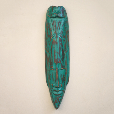 Wood mask, 'Solemn Face in Green' - Distressed Green Wood Mask Hand Carved in Bali