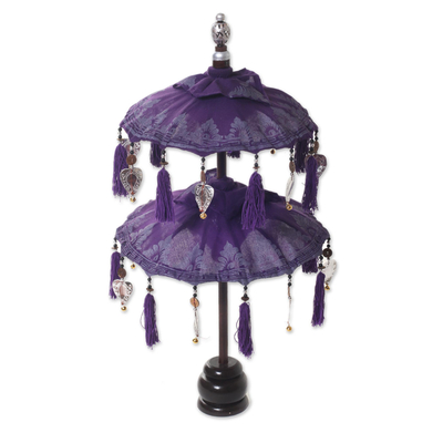 Cotton and wood Balinese umbrella, 'Sacred Place in Purple' - Decorative Balinese Umbrella in Purple
