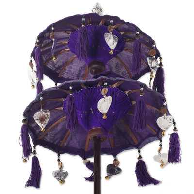 Cotton and wood Balinese umbrella, 'Sacred Place in Purple' - Decorative Balinese Umbrella in Purple