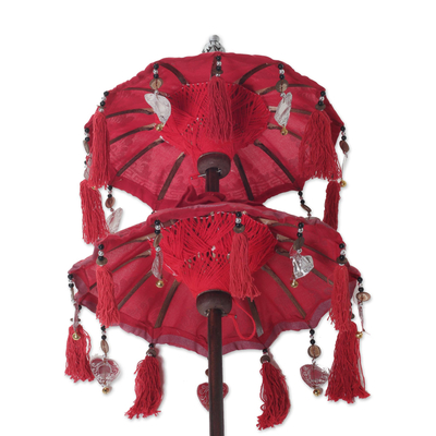 Cotton and wood Balinese umbrella, 'Sacred Place in Crimson' - Hand Crafted Decorative Double Balinese Umbrella
