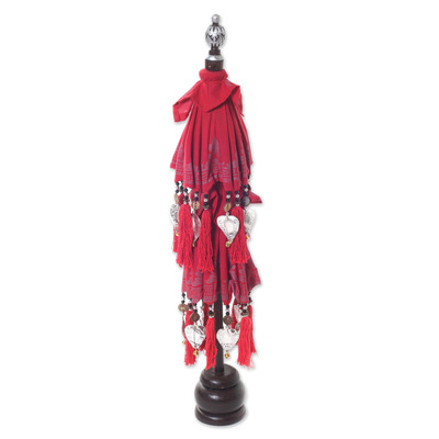 Cotton and wood Balinese umbrella, 'Sacred Place in Crimson' - Hand Crafted Decorative Double Balinese Umbrella