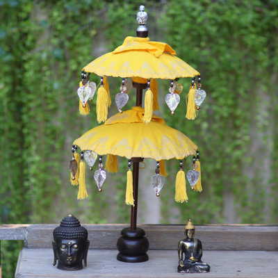 Cotton and wood Balinese umbrella, 'Sacred Place in Saffron' - Yellow Cotton Decorative Balinese Umbrella