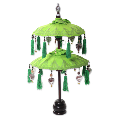 Cotton and wood Balinese umbrella, 'Sacred Place in Lime' - Lime Green Cotton and Wood Decorative Balinese Umbrella