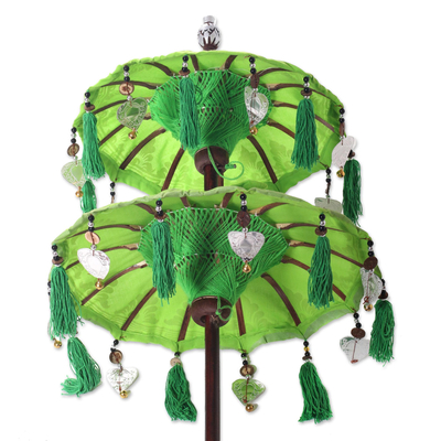 Cotton and wood Balinese umbrella, 'Sacred Place in Lime' - Lime Green Cotton and Wood Decorative Balinese Umbrella