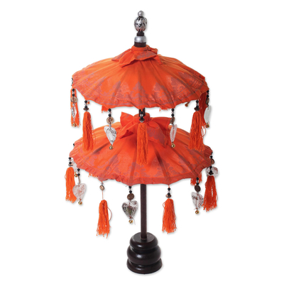 Cotton and wood Balinese umbrella, 'Sacred Place in Orange' - Unique Decorative Balinese Umbrella Home Accent