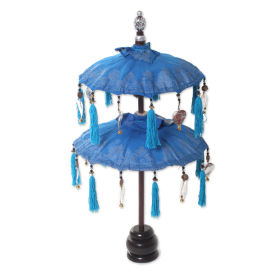 Cotton and wood Balinese umbrella, 'Sacred Place in Azure' - Azure Cotton Ceremonial Mini Balinese Umbrella
