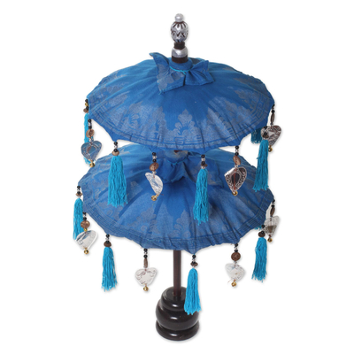 Balinesischer Regenschirm aus Baumwolle und Holz, 'Sacred Place in Azure'. - Azurblauer zeremonieller Mini-Balinesischer Regenschirm