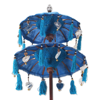 Paraguas balinés de algodón y madera, 'Lugar Sagrado en Azur' - Mini Paraguas Balinés Ceremonial de Algodón Azur