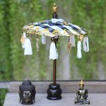 Cotton and wood Balinese umbrella, 'Pura Entrance' - Black and White Decorative Balinese Umbrella