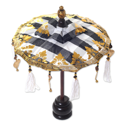 Cotton and wood Balinese umbrella, 'Pura Entrance' - Black and White Decorative Balinese Umbrella