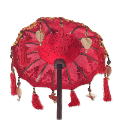 Cotton and wood Balinese umbrella, 'Pura Entrance in Crimson' - Crimson Ceremonial Mini Balinese Umbrella