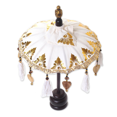 Cotton and wood Balinese umbrella, 'Pura Entrance in White' - White Mini Ceremonial Balinese Umbrella