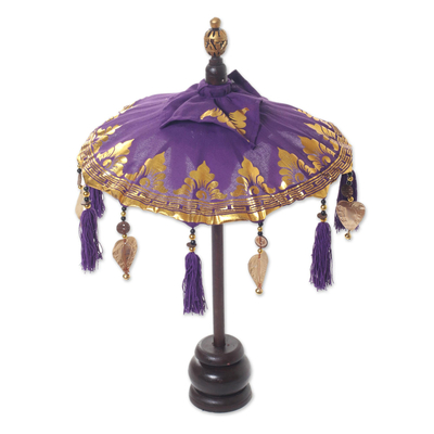 Paraguas Balinesa de algodón y madera, 'Pura Entrada en Morado' - Mini Paraguas Balinesa Ceremonial Morado y Dorado