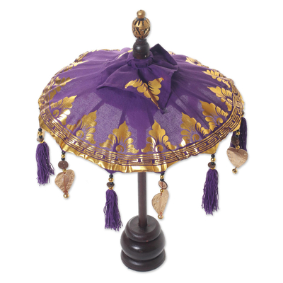 Paraguas Balinesa de algodón y madera, 'Pura Entrada en Morado' - Mini Paraguas Balinesa Ceremonial Morado y Dorado