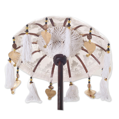 Cotton and wood Balinese umbrella, 'Sacred Moment in White' - White and Gold Decorative Balinese Umbrella Home Accent