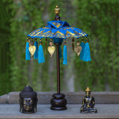 Cotton and wood Balinese umbrella, 'Sacred Moment in Royal Blue' - Royal Blue Mini Balinese Umbrella