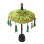 Cotton and wood Balinese umbrella, 'Sacred Moment in Lime' - Lime Green Decorative Accent Balinese Umbrella