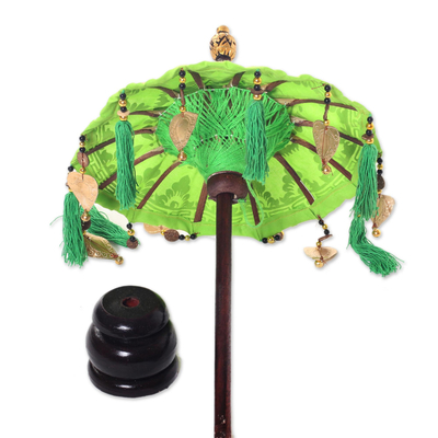 Cotton and wood Balinese umbrella, 'Sacred Moment in Lime' - Lime Green Decorative Accent Balinese Umbrella